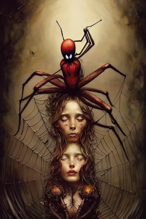 Prompt: miss of the world spider | esoteric symbolism | jean - baptiste monge, esao andrews, bastien lecouffe - deharme, tim jacobus, ken currie | ultra - detailed realism, soft cinematic lighting, hi - fructose, artstation, high - quality, ink watercolors wes anderson poster art