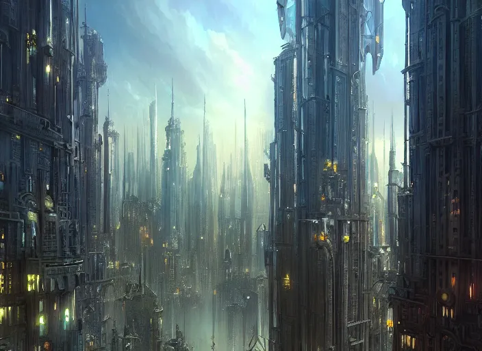 Image similar to a painting of a city with a lot of tall buildings, a detailed matte painting by stephan martiniere, cgsociety, fantasy art, steampunk, matte painting, matte drawing