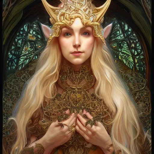 Image similar to a oil painting of a elven queen, cute, fantasy, intricate, elegant, highly detailed, centered, digital painting, artstation, concept art, smooth, sharp focus, illustration, art by artgerm and H R Giger and alphonse mucha