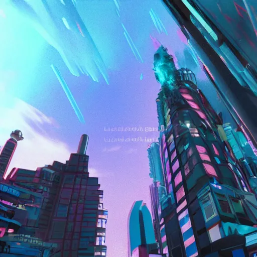 Image similar to low angle shot looking up towards towering deep turquoise tidal wave crashing down into Night City 2077 on a sunny afternoon, realistic photo, UE5