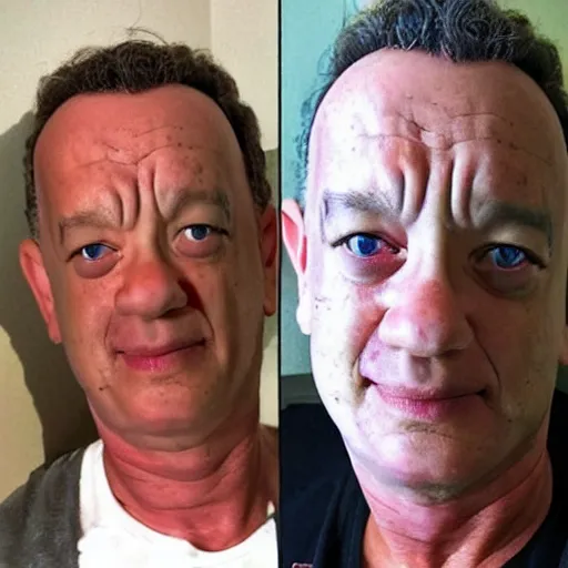 Image similar to my auntie that looks like a poor version of tom hanks in the most scary image on the internet, disturbing, realistic, so scary, very real, very disturbing