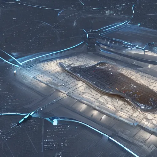 Prompt: Kazimierz Malewicz sci-fi motherboard airport view from above structure and digital billboard point cloud in the middle unreal engine 5 lumen global illumination, keyshot, octane, artstation trending, ultra high detail, ultra realistic, cinematic, 8k, 16k, in style of zaha hadid, in plastic, dark, tilt shift,