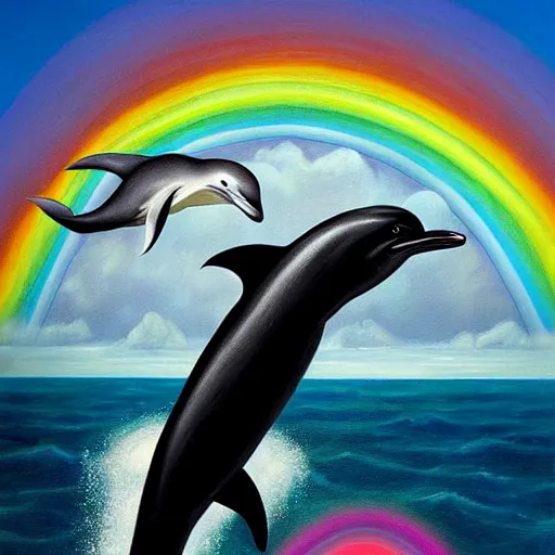 Image similar to a hyper realistic painting of the grim reaper sitting on of a dolphin jumping over a rainbow, by james c christensen and stephen gammel,