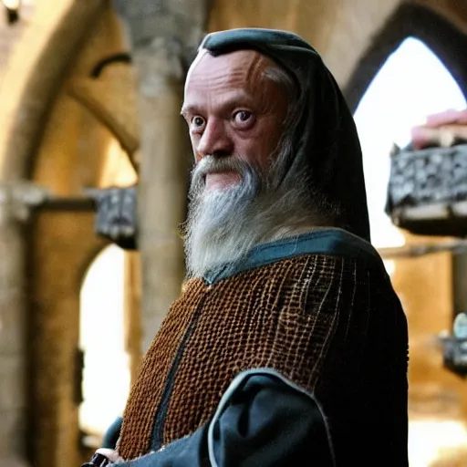 Image similar to donald tusk in medieval times look like merlin high details cinematic mood