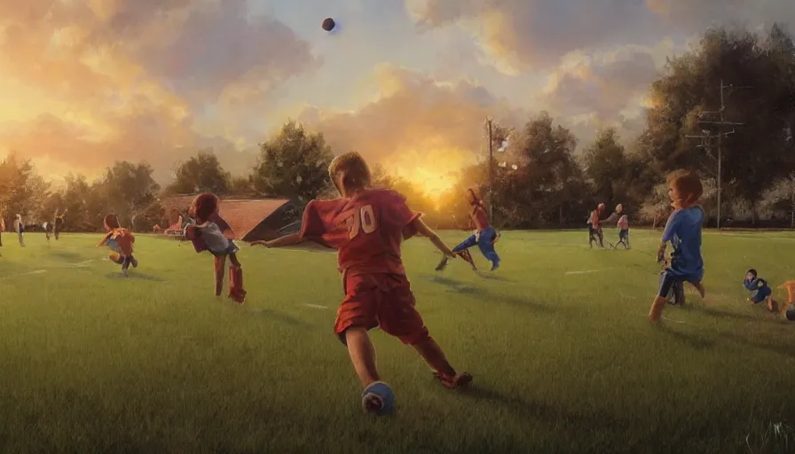 Image similar to beautiful painting of backyard football field with a pair of playing children during sunset, wide shot, digital painting, intricate details, trending on artstation, concept art, octane render, realistic, highly detailed, smooth, sharp focus, beautiful, 4 k, 8 k, hd, art by charlie bowater and artgerm and greg rutkowski