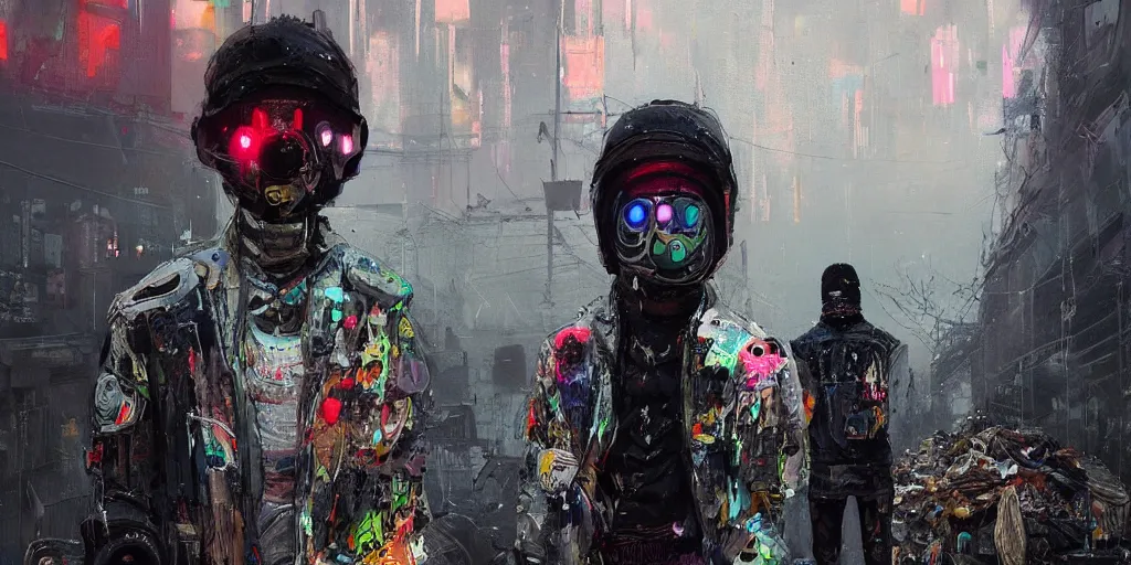 Image similar to eyes of a Neon guard boy with short dark hair seen from the back, cyberpunk futuristic, reflective puffer jacket, black leggings, decorated with traditional ornaments in front of a dystopian crowd with piles of garbage by Ismail inceoglu dragan bibin hans thoma, Perfect face, fine details, realistic shaded, fine-face, pretty face