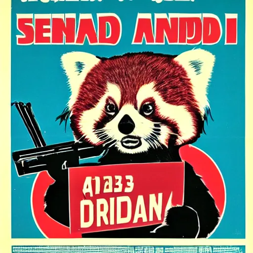 Prompt: red panda holding a rifle on a propaganda poster!!!, stencil!!, hypnotic, historical poster, germany!!, clear view, world war, circa 1 9 3 9, stencil