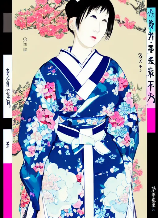Prompt: a digital copic maker portrait of a japanese girl detailed features wearing a kimono latex suit wedding dress - harajuku fashion synthetic materials, by balenciaga and issey miyake by ichiro tanida and mitsuo katsui