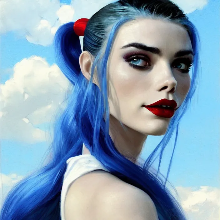 Image similar to portrait of a combination of Ashley Greene, Adriana Dxim, Grace Kelly and Lily Collins with blue hair as Harley Quinn, countryside, calm, fantasy character portrait, dynamic pose, above view, sunny day, thunder clouds in the sky, artwork by Jeremy Lipkin and Giuseppe Dangelico Pino and Michael Garmash and Rob Rey and Greg Manchess and Huang Guangjian, very coherent asymmetrical artwork, sharp edges, perfect face, simple form, 100mm