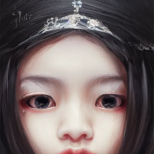 Image similar to Asian girl, watery black eyes, long wavy black hair, white veil, front closeup, highly detailed, centered, oil painting, artstation, realistic painting by WLOP