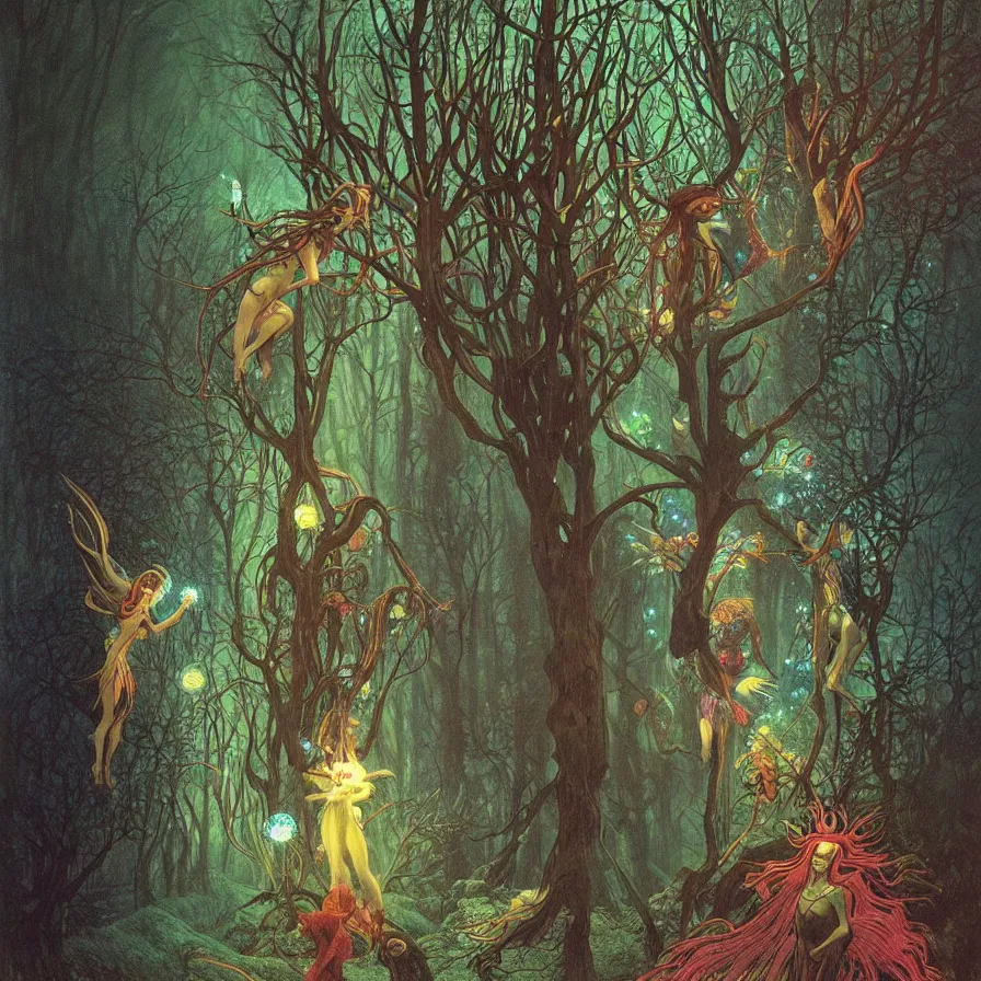Image similar to a night carnival fairies around a magical tree, christmas lights, creatures and fantastic people disguised as fantastic creatures in a magical forest by summer night, masterpieceunderwater scene, painted by zdzislaw beksinski, alphonse mucha and rene laloux, volumetric lightning