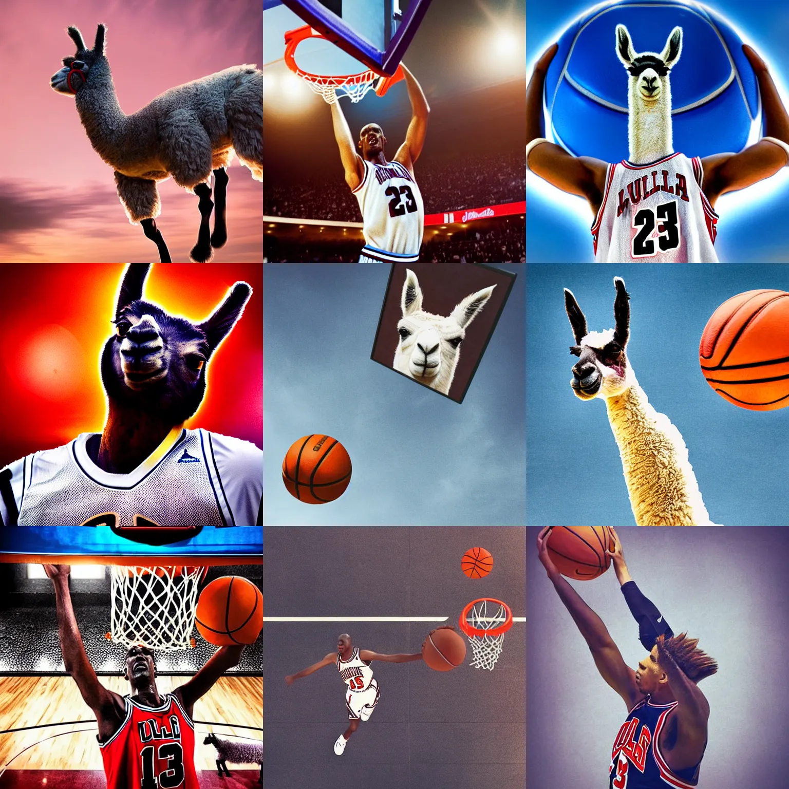 Prompt: llama in a jersey dunking a basketball like michael jordan, shot from below, tilted frame, 3 5 °, dutch angle, extreme long shot, high detail, dramatic backlighting, epic, digital art