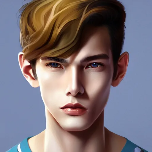 Prompt: colorful Captivating teenage boy with brown blond short quiff hair and thin facial structure with cleft chin, good definition of cheekbones, Alert eyes, narrow face, brown eyes with red eye markers, slim body, wearing a detailed Japanese kimono with golden details, atmospheric lighting, painted, intricate, 4k, highly detailed by Charlie Bowater