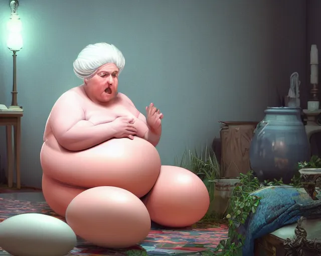 Prompt: of a very beautiful scene. ambient occlusion render. a sweet fat old woman is giving birth a beautiful colorful huge egg. hyper realistic. 4 k. wide angle. baroque style. symmetrical face, red mouth, blue eyes. deep focus, lovely scene. ambient occlusion render. concept art. unreal engine.