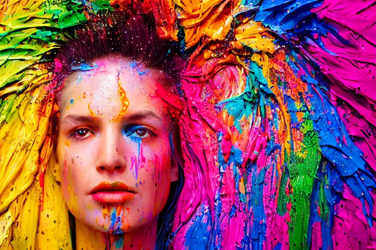 Image similar to a highly detailed cinematic headshot portrait photograph of a woman with a liquid paint headdress, with rainbow paint splash, melting smoothly into other faces, liquid, ultra realistic, beautiful rim lighting, by richard avedon and annie leibovitz and arnold newman, photorealistic, hyperrealistic, octane, high speed camera, zeiss lens, sharp focus, paint splash