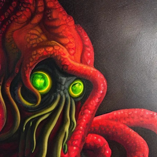 Image similar to an oil painting of Cthulhu, thick paint, detailed, 8k, dark phantasy, gritty, red eyes, stormy night