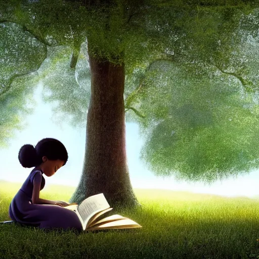 Prompt: stunning, coherent, impressive, detailed still of black little girl, reading a book, underneath a tree, follow shot, 3d, in the style of pixar, comic book style, 3d, highly detailed, sharp focus, bokeh, depth of field, 16k resolution, Unreal Engine 5, coherent, cinematic lighting, photorealistic, by Zhang Jingna