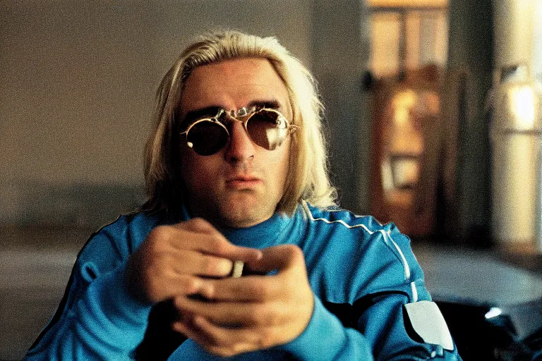 Prompt: white man with long dirty blonde hair and stubble, greyish blue eyes, sunglasses, black and yellow tracksuit, the sopranos, film still, dramatic lighting,