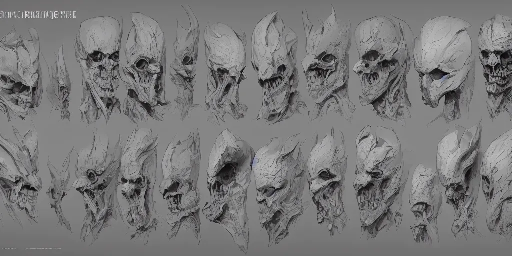 Image similar to bone mask design, character sheet, Moebius, Greg Rutkowski, Zabrocki, Karlkka, Jayison Devadas, Phuoc Quan, trending on Artstation, 8K, ultra wide angle, zenith view, pincushion lens effect.