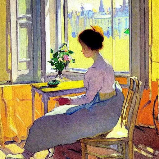 Prompt: a girl with phones on a table sits at a table in a sunny room, the window is open, peaches on a table, by valentin serov