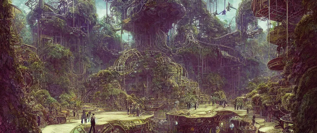 Prompt: A beautiful illustration of a retro futurism hanging garden full of people walking the pathways on another world by Daniel merriam | sparth:.2 | Time white:.3 | Rodney Matthews:.3 | Graphic Novel, Visual Novel, Colored Pencil, Comic Book:.2 | unreal engine:.3