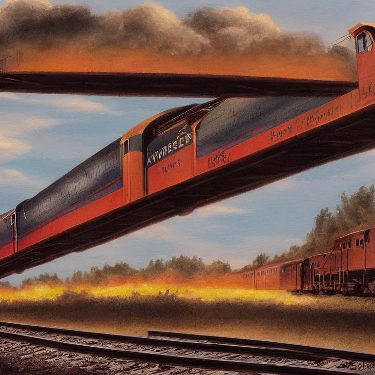 Prompt: a painting of a train going down the tracks, a matte painting by John Matson, deviantart, american scene painting, matte drawing, matte painting, storybook illustration