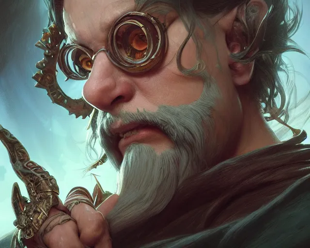 Image similar to photography of guillermo del toro, deep focus, d & d, fantasy, intricate, elegant, highly detailed, digital painting, artstation, concept art, matte, sharp focus, illustration, hearthstone, art by artgerm and greg rutkowski and alphonse mucha