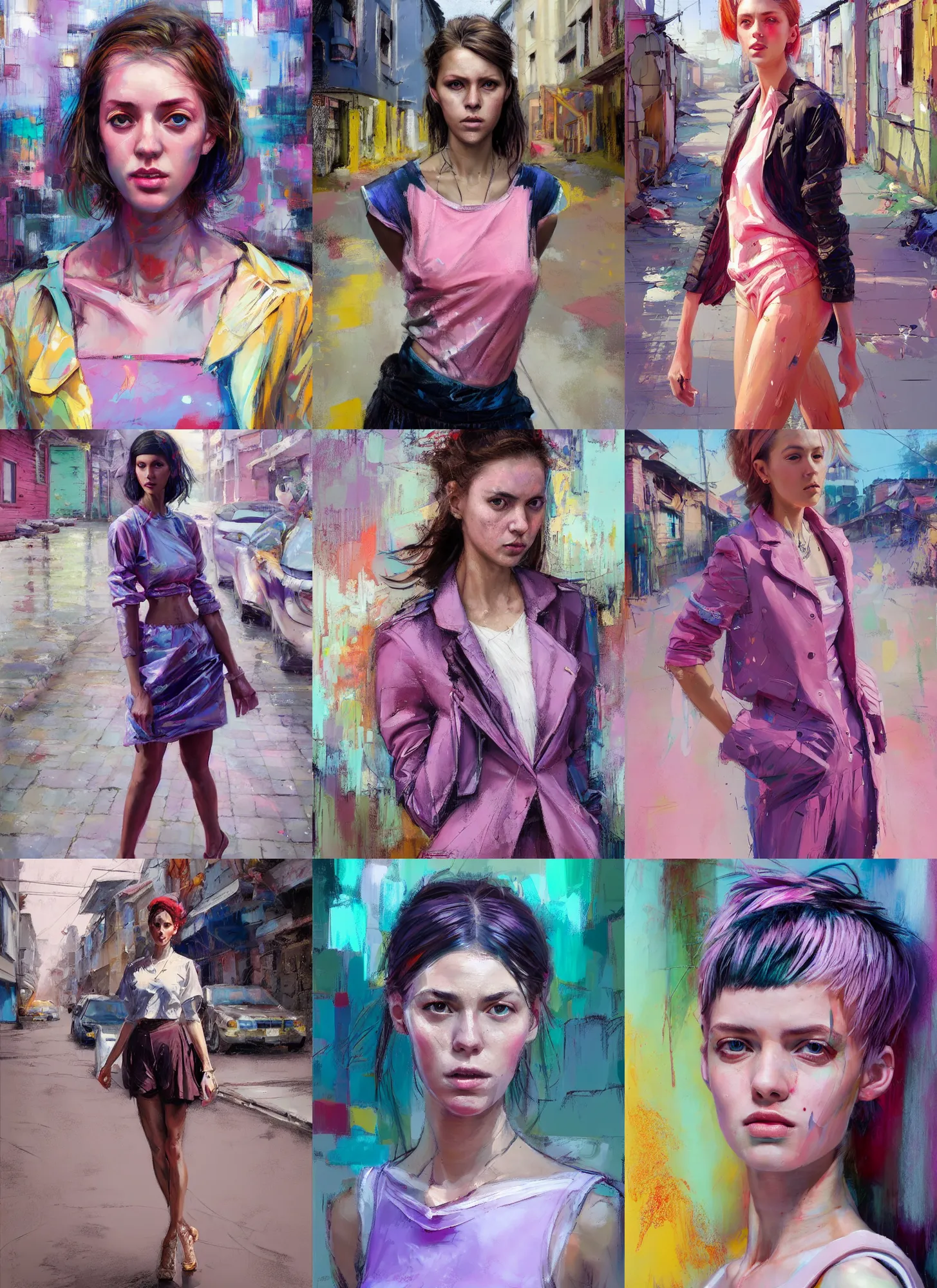 Prompt: gorgeous young woman in the style of stefan kostic, standing in a township street, street fashion outfit,!! haute couture!!, full figure painting by martine johanna, artgerm, wadim kashin, pastel color palette, realistic, sharp focus, 8 k high definition, insanely detailed, intricate, elegant, 2 4 mm lens