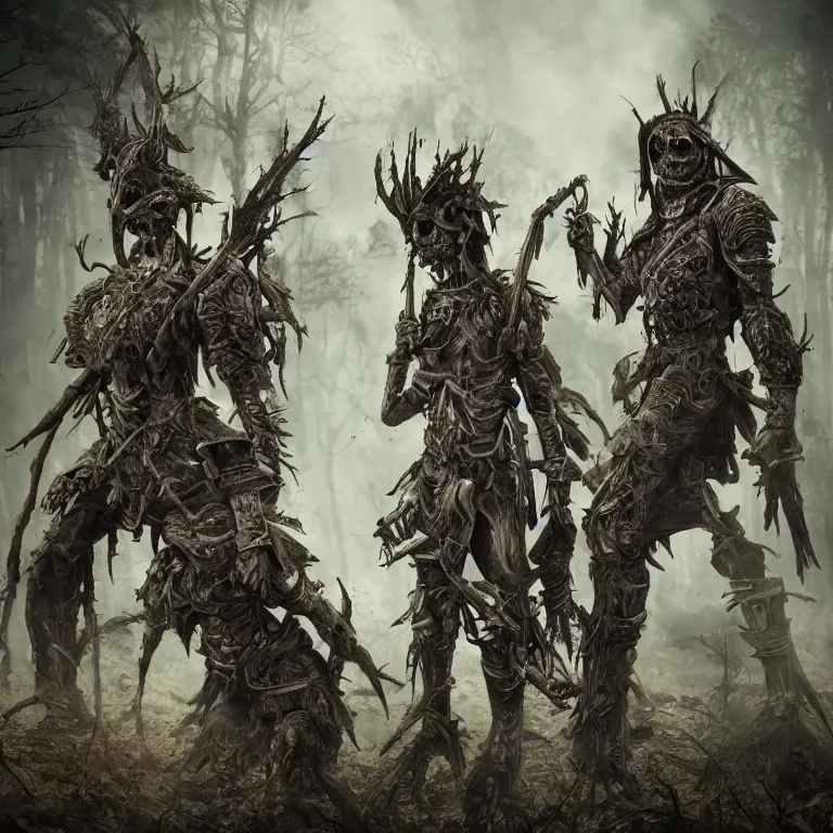Prompt: undead armoured soldiers in burned forest full of smoke and ashes, fantasy style, highly detailed, smooth, sharp focus, portrait, concept art, intricate details, fantasy poster, dark athmosphere, 8 k. lifelike. nikon d 8 5 0