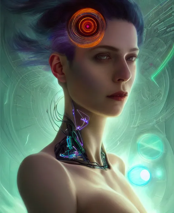 Image similar to a whirlwind of souls rushing inside the metaverse, hologram, half body, neurochip, shaved temple, piercing, jewelry, android, cyborg, cyberpunk face, by loish, d & d, fantasy, intricate, elegant, highly detailed, colorful, digital painting, artstation, concept art, art by artgerm and greg rutkowski and alphonse mucha