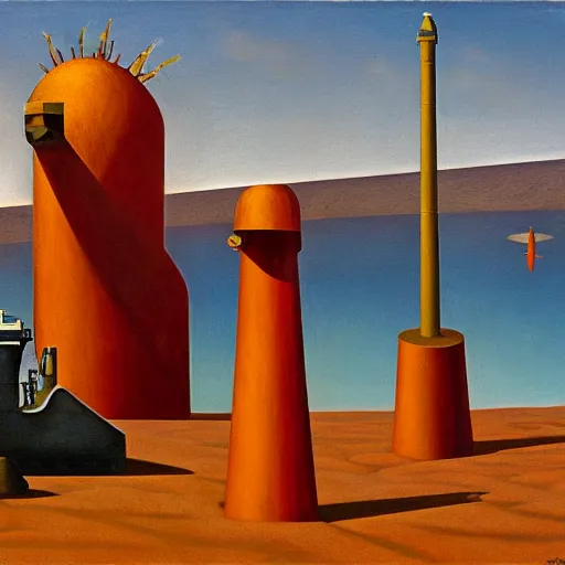 Prompt: hardened drill ship boring to the center of the earth, magma, core, heat, comedic, dystopian, grant wood, pj crook, edward hopper, oil on canvas