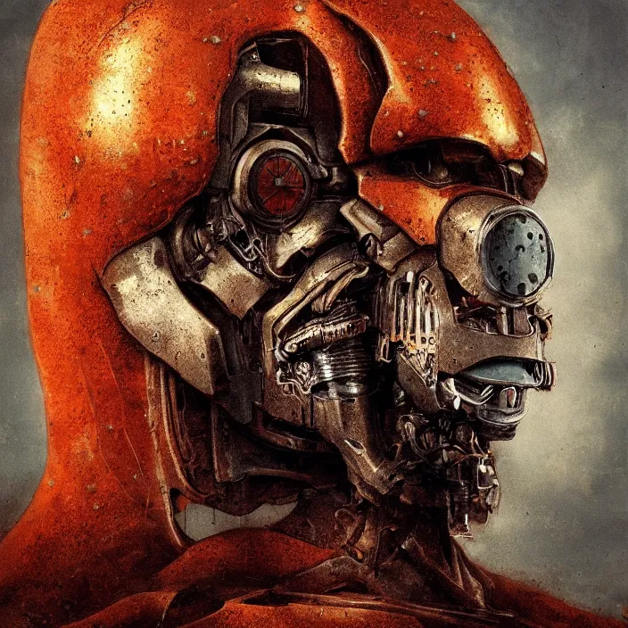 Image similar to portrait of an orange ultron from age of ultron, clockwork steampunk, dieselpunk, head and chest only, by beksinski, 4 k, deviantart, trending on artstation