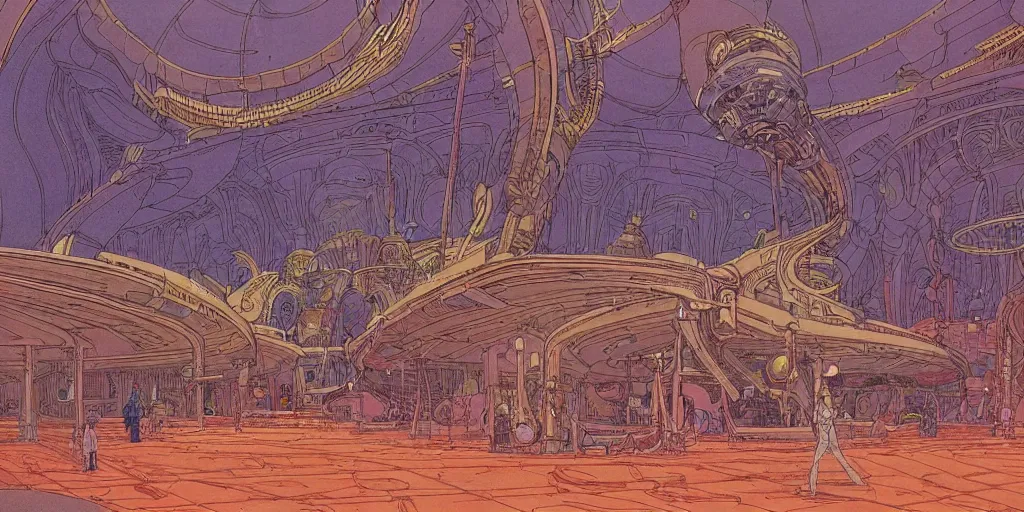 Image similar to cel shaded cinematic shot of the interior of a sci-fi space station with ornate Elven architecture bustling with various intelligent alien species, epic castle, emerald, crystalline, detailed illustration, sharp focus, crisp lines, art by Moebius, Jean Giraud Moebius comic illustration