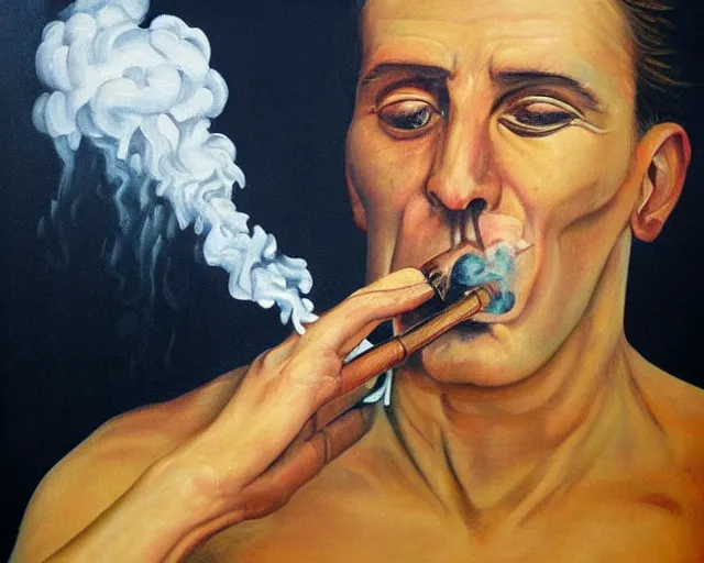 Image similar to a surreal painting of man smoking a joint