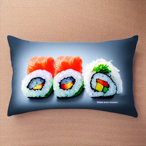 Image similar to a sushi pillow, product photography, highly detailed, epic lighting, hyper photorealism, 8 k