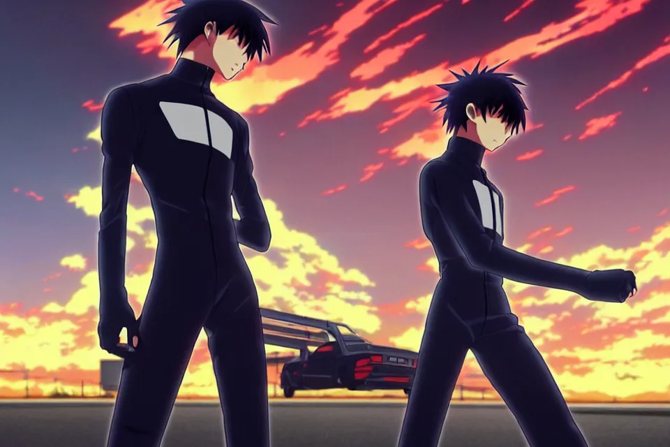 Prompt: anime illustration of lonely ikari shinji standing menacingly on an empty highway wearing a black plugsuit, cinematic lighting, evangelion anime poster, rebuild of evangelion 1 0 8 0 p, 9 0 s anime aesthetic, volumetric lights, rule of thirds, unreal engine render, pinterest wallpaper, trending on artstation