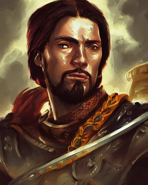 Image similar to digital illustration of a spanish conquistador in battle, art by anato finnstark and sangsoo jeong, treasure island movie color scheme, symmetric, facial features, portrait, handsome, digital painting, artstation