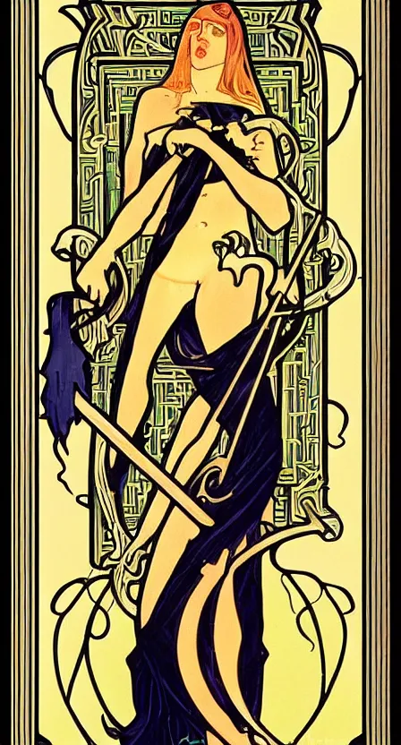 Prompt: a tarot card of the grim reaper with a scythe, illustrated in an art deco style by tamara de lempika and an elegant border by alphonse mucha.