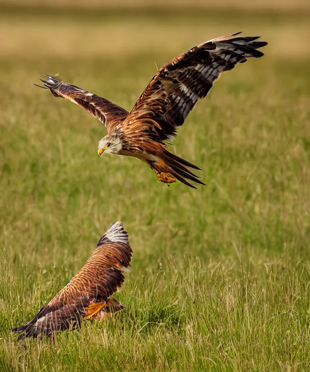 Prompt: realistic, photograph of a red kite bird standing in a field, 4 k, hd, nature photography, telephoto, wildlife photography