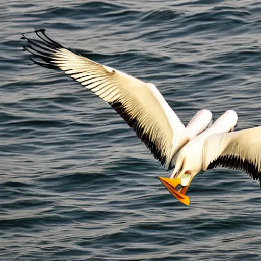 Prompt: awardwinning nature photography portrait of a white pelican in full flight above the ocean as seen from below. extremely highly detailed beak