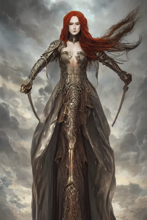 Image similar to ultra realist soft painting of a single gothic armored mage in a full long curvy slim dress in Elden Ring, thin long auburn hair, symmetry accurate features, very intricate details, volumetric lighting, by Tom Bagshaw Boris Vallejo