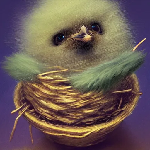 Prompt: long shot of a very fluffy sparrow chick nesting in a floral cup, esao andrews, by m. w. kaluta, by artgerm, humorous illustration, hyperrealistic, tilt shift, warm colors, night scenery, low light, 3 d octane render, 4 k, volumetric lights, smooth, cosy atmosphere, conceptart, hyperdetailed, trending on deviantart