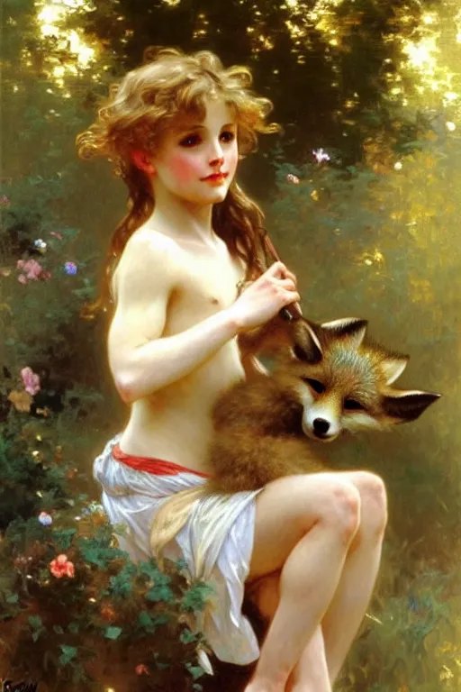 Image similar to a seven - year old with curly dirty blonde hair playing with foxes, painting by daniel gerhartz, alphonse mucha, bouguereau, detailed art, artstation