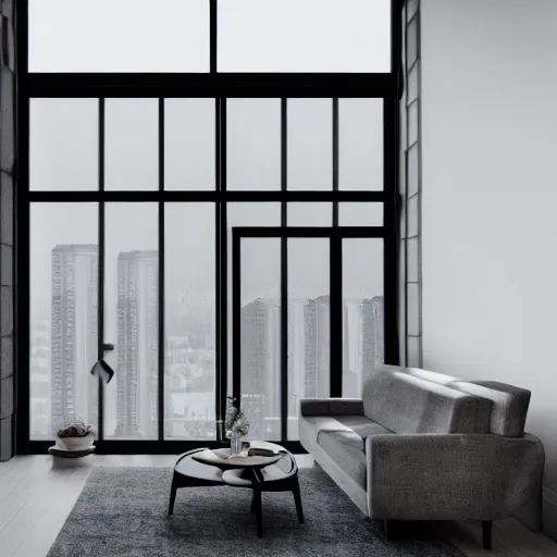 Image similar to brutalist open living room, big windows, showing city landscape on background, minimalist architecture, minimalist furniture, octane render, high quality, 8 k, post production