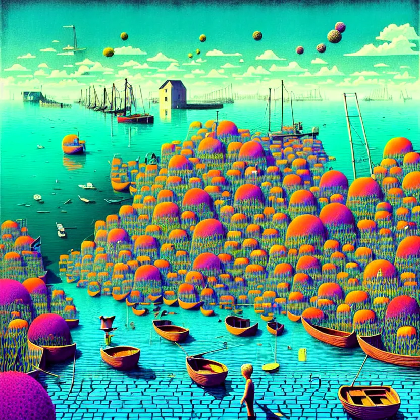 Image similar to surreal glimpse into other universe, a modern sea port, summer morning, very coherent and colorful high contrast, art by!!!! gediminas pranckevicius!!!!, geof darrow, floralpunk screen printing woodblock, dark shadows, hard lighting, stipple brush technique,