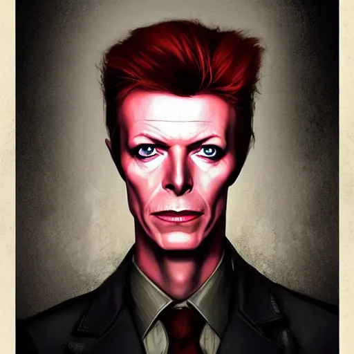 Image similar to portrait of david bowie in team fortress 2 style, tragic, elegant, fantasy, hd shot, digital portrait, beautiful, artstation, comic style, by artgerm, guy denning, jakub rozalski, magali villeneuve and charlie bowater