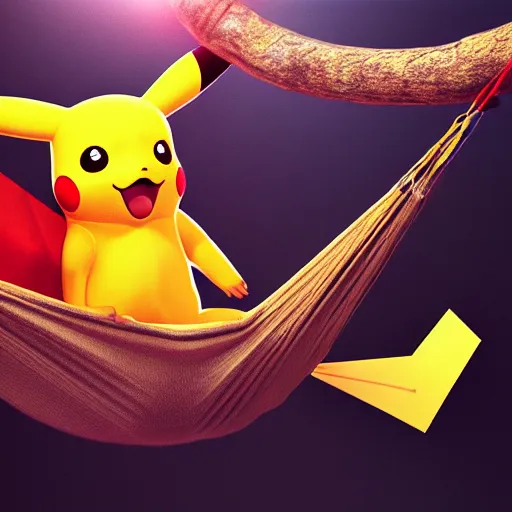 Image similar to pikachu in a hammock, cinematic, cinematic lighting, trending on Artstation, Cgsociety, detailed, 4k, very realistic