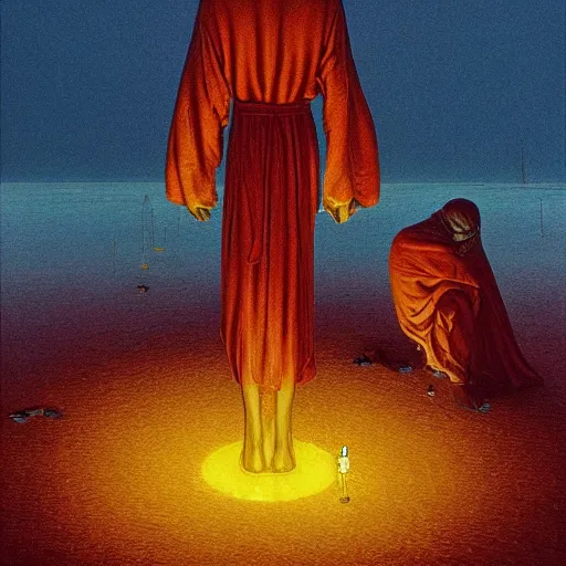 Prompt: broken water priest tending to his flock of smooth flaming glass children hyperrealistic, 8 k, intricate detail, ultra detail, superpop ultrabright, in the style of moebius, in the style of zdzisław beksinski.