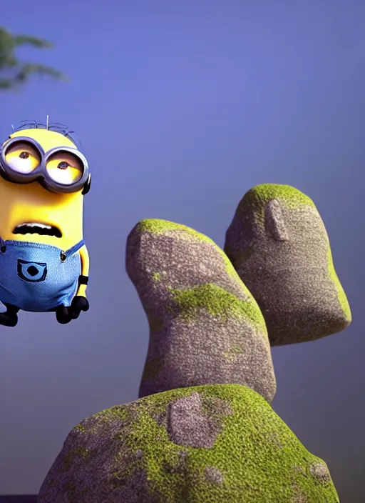 Image similar to king minion bob standing on a rock win posing in pixar style, smooth render, unreal engine 5, high - quality