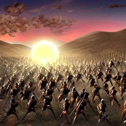 Image similar to the 5 0 0 undefeatable spartans clashing in a deep valley against the vast armies of the middle east while a solar eclispe is occuring